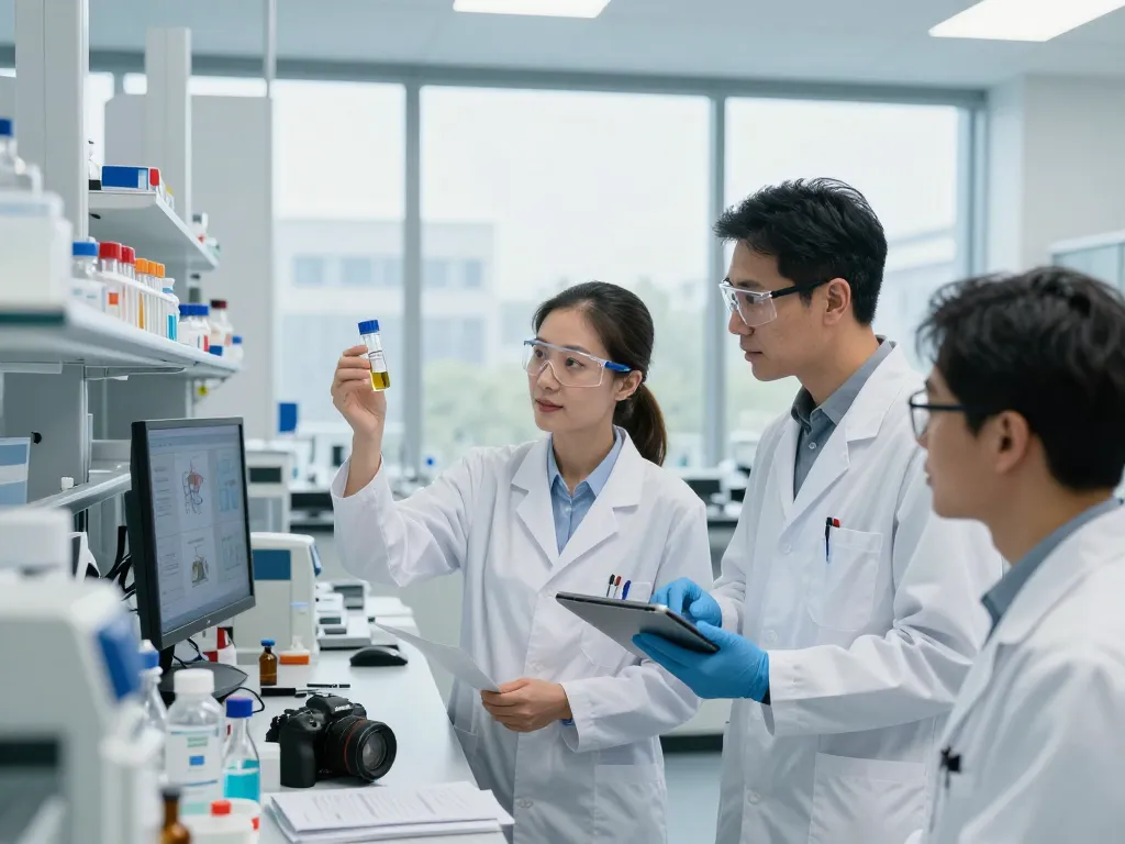 Team of scientists researching MB66 film in a bright lab environment.