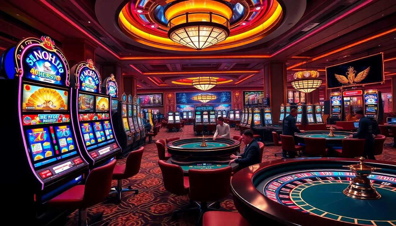 Action-packed gameplay at NOHU90 online casino with vibrant slot machines and poker tables.