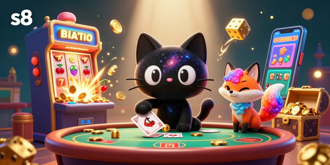 Engage with the thrilling world of s8 through a vibrant illustration of a cosmos casino featuring a black hole cat and colorful nebula fox.