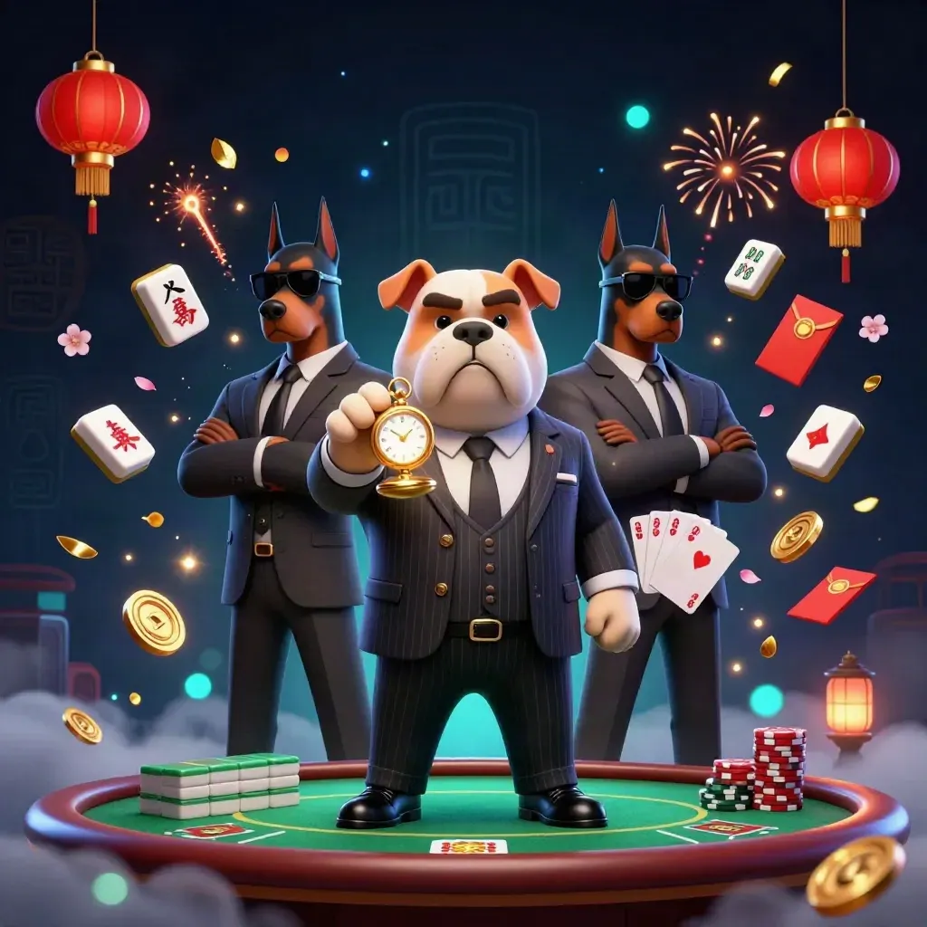 Bulldog mafia boss and Dobermans at a glowing poker table with lanterns, coins, petals, and chips