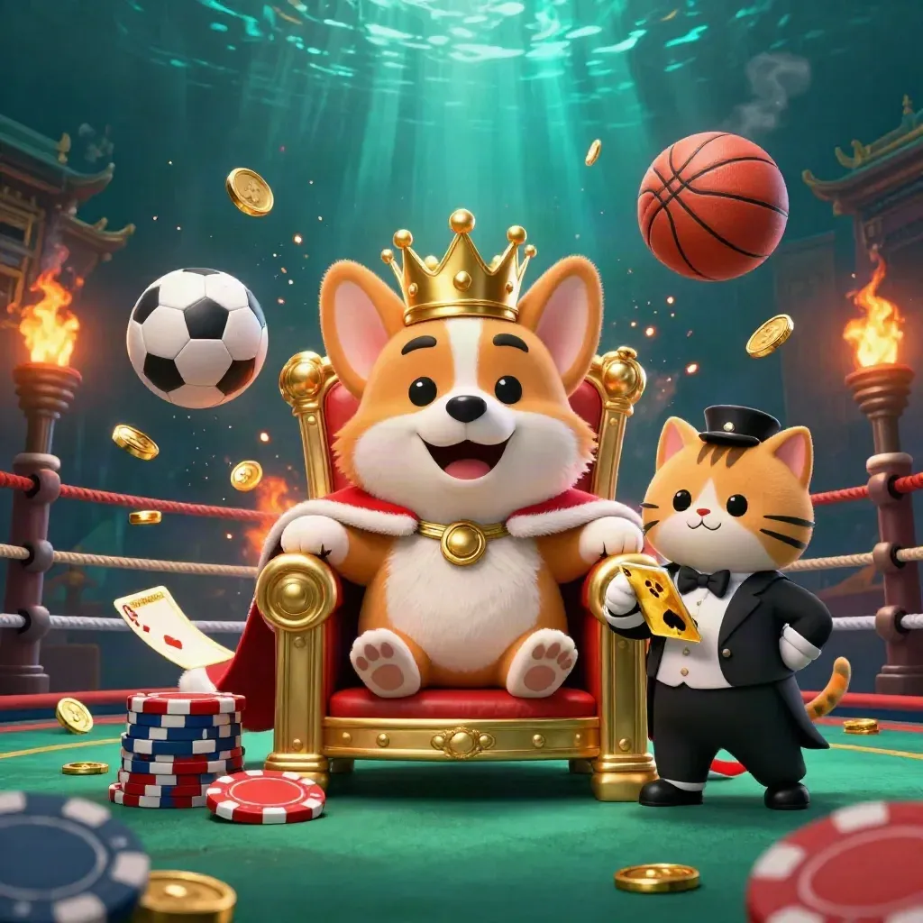 Royal corgi king and cat butler amid flying balls, coins, torches, and a glowing casino backdrop.