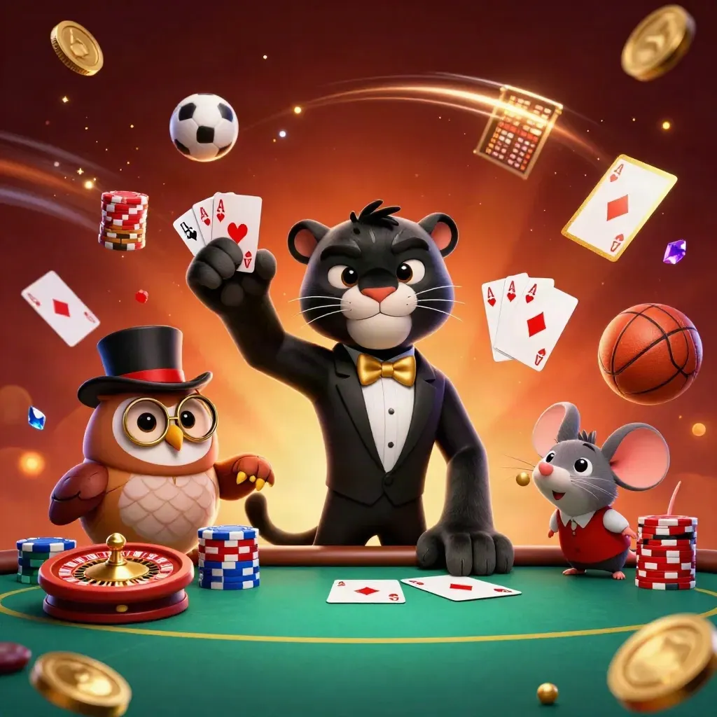 Panther, owl, and mouse amid flying chips, cards, coins, and casino lights.