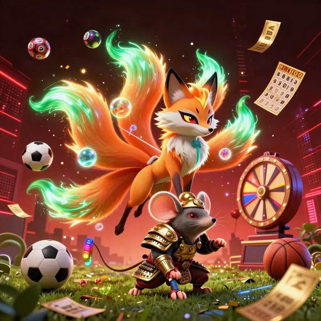 Neon fox spirit and gold-armored mouse amid lottery balls, tickets, and sports gear.