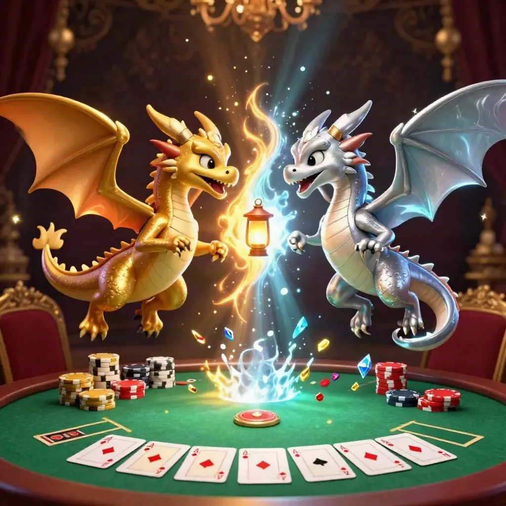 Twin dragons entwined in fire and ice above a poker table with chips and glowing casino lights.