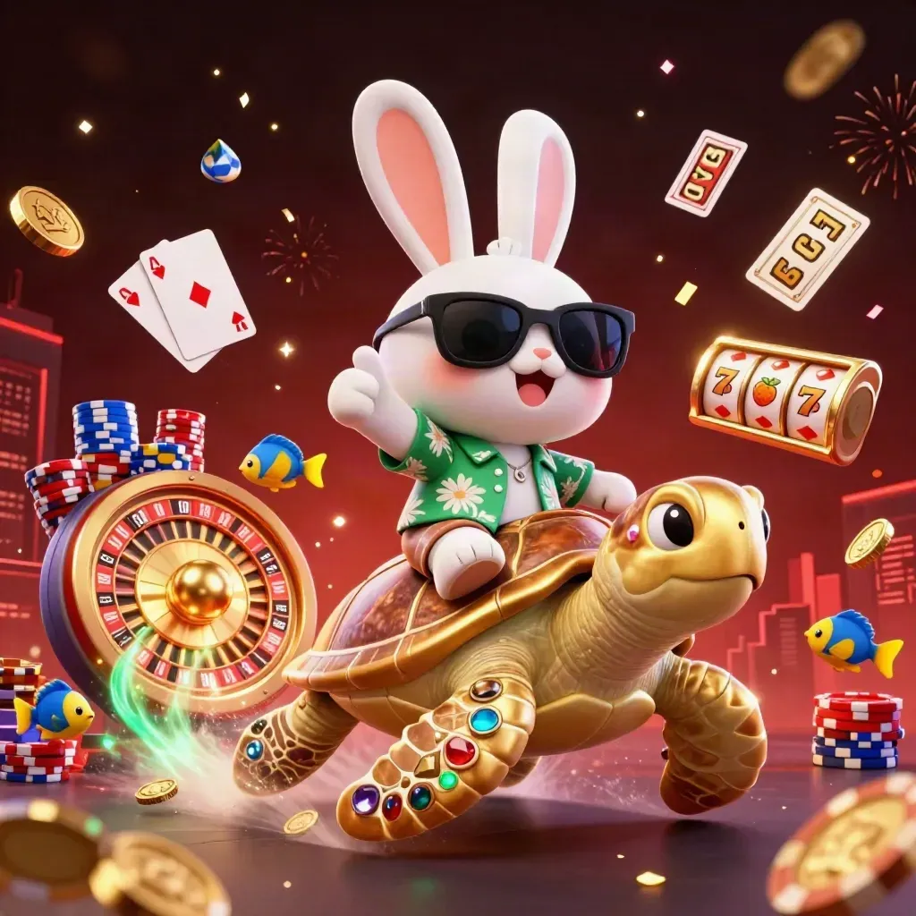 Lucky rabbit rides golden sea turtle amid poker chips, coins, cards and emerald energy