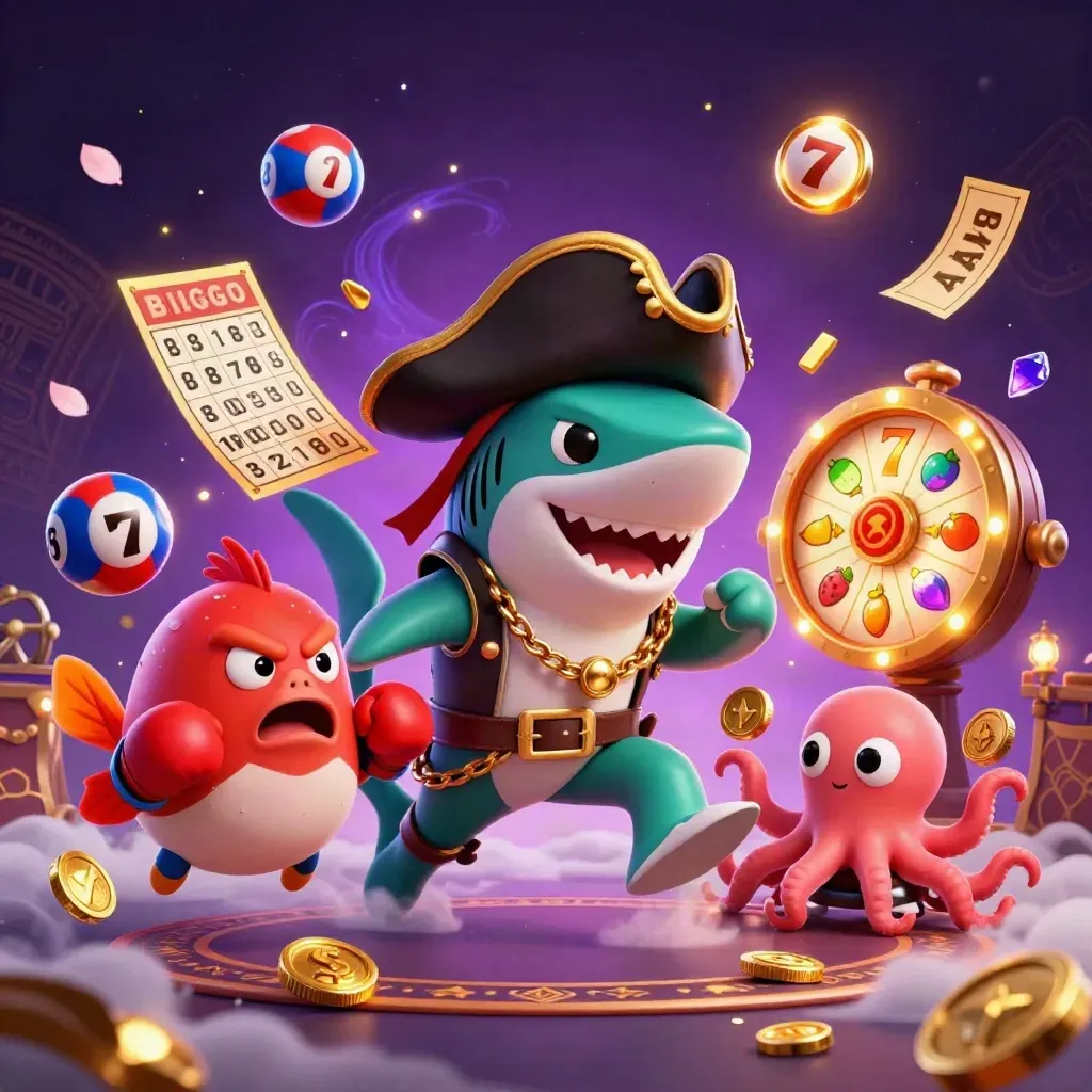 Pirate shark, boxing pufferfish, and coin-juggling octopus amid casino bursts