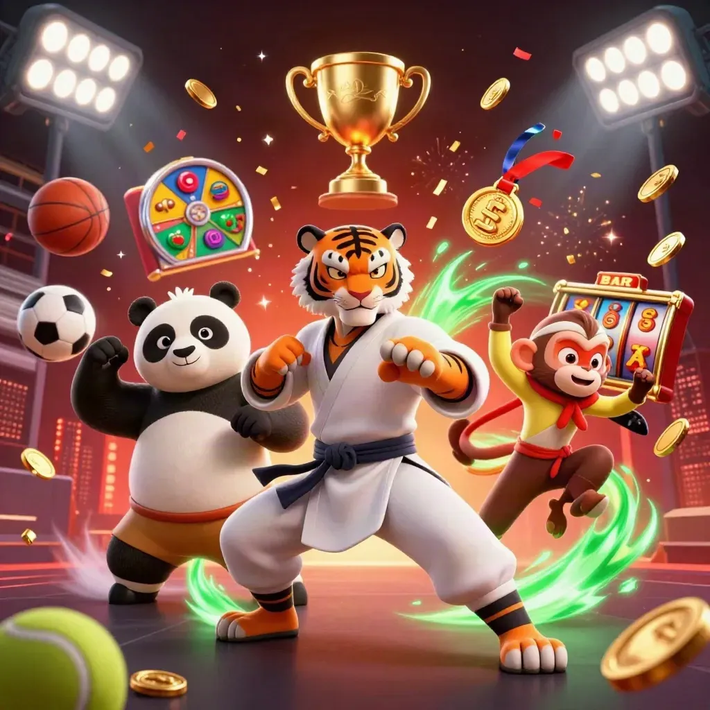 Kung-fu tiger, panda, and monkey burst through a neon casino scene with balls, coins, and slot icons.