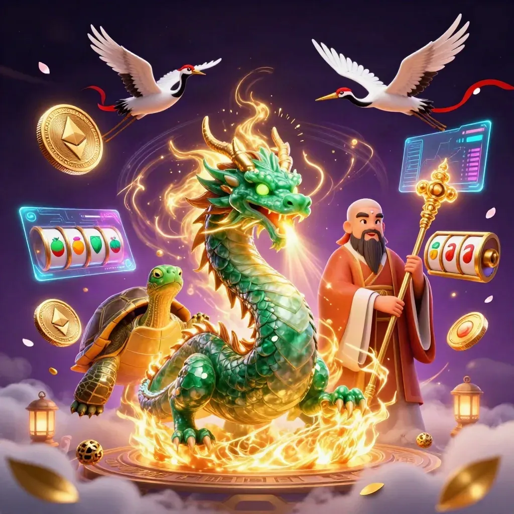 Emerald dragon, turtle sage, and cranes amid coins, fire, and neon casino magic.