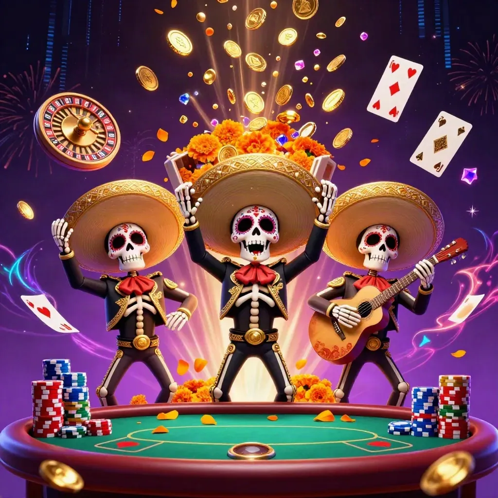Skeleton mariachi trio amid bursting coins, cards, chips, roulette, petals, and fireworks.