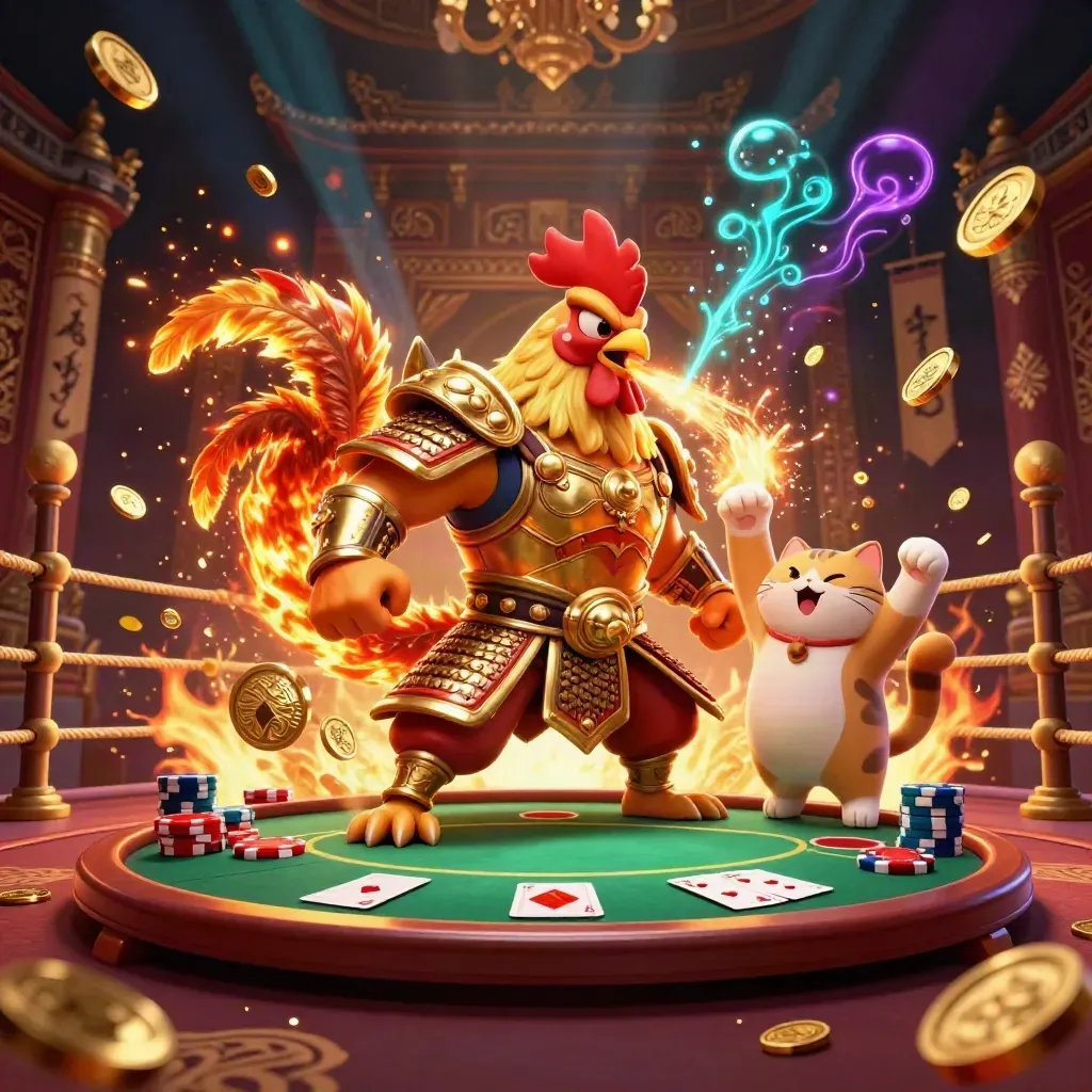 Rooster samurai, dragon hatchling, and lucky cat amid gold coins, chips, and fireworks.