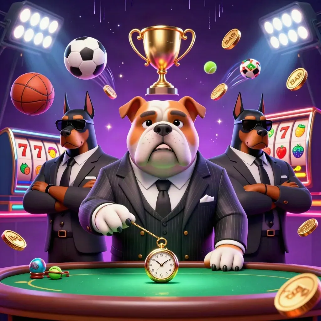 Cartoon bulldog boss with two Dobermans amid poker, sports, and jackpot energy.