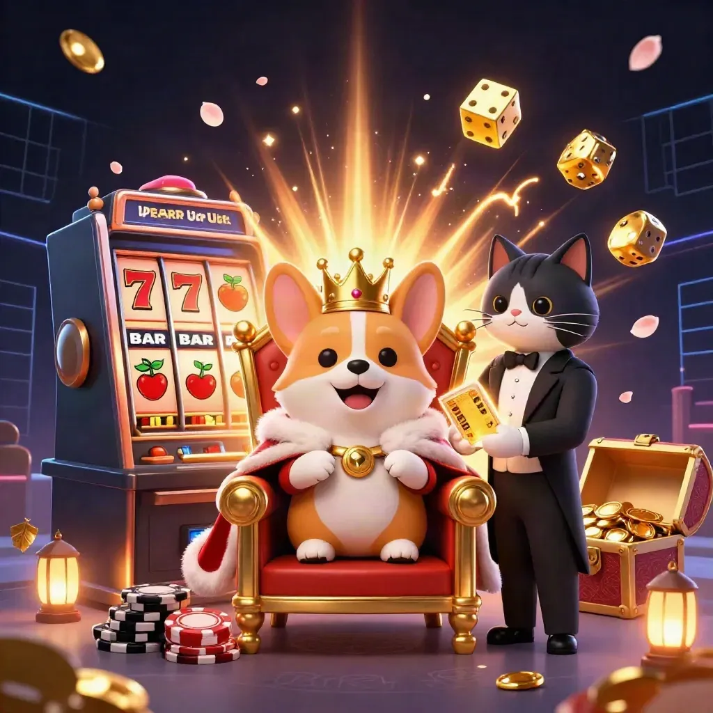 Royal corgi king and cat butler amid exploding slot reels, chips, dice, and gold in neon casino lighting.