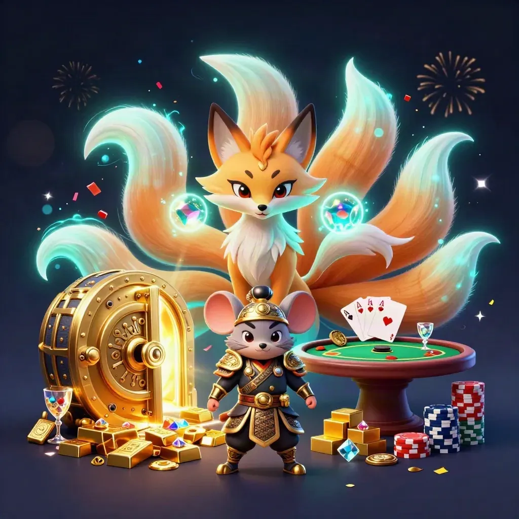 Nine-tailed fox spirit, samurai mouse, gold vault, poker chips, and royal flush on a dark neon background.
