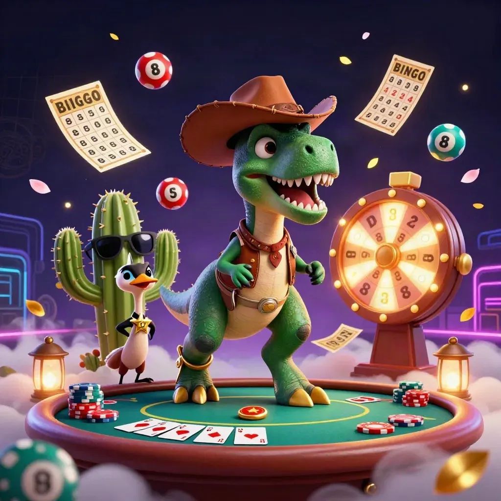 Cowboy T-Rex with cactus sidekick and roadrunner amid poker chips, bingo balls, neon casino effects.