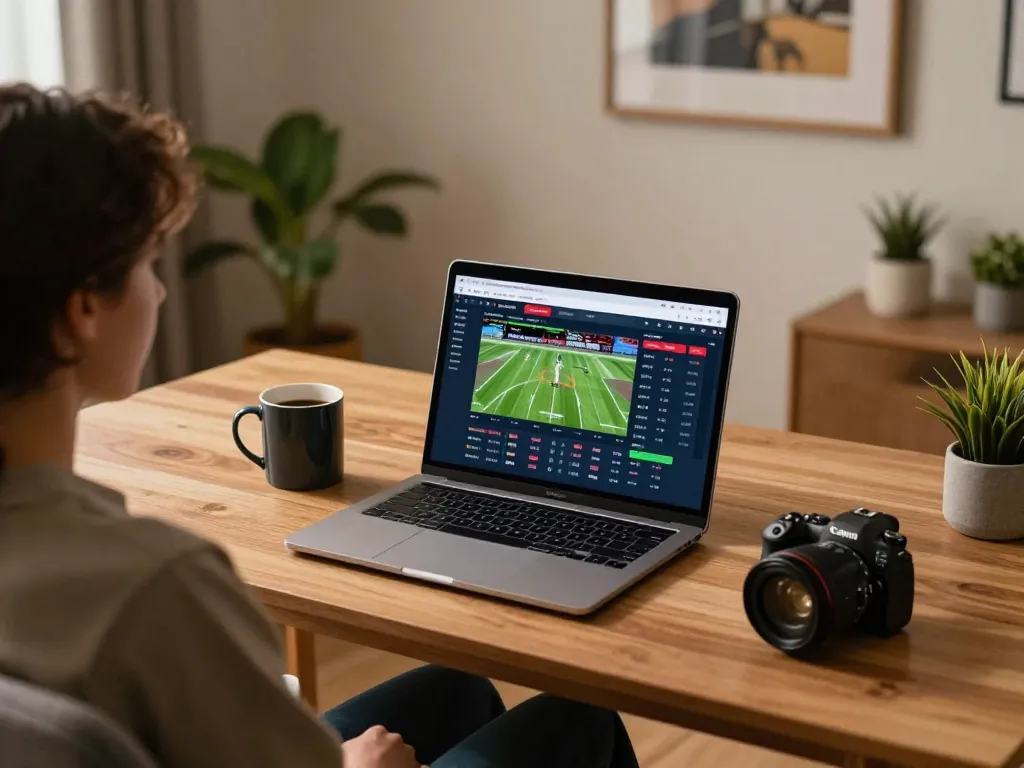 Engaging scene of sports betting interface on https://vin88.is/ with laptop setup in a cozy home office.