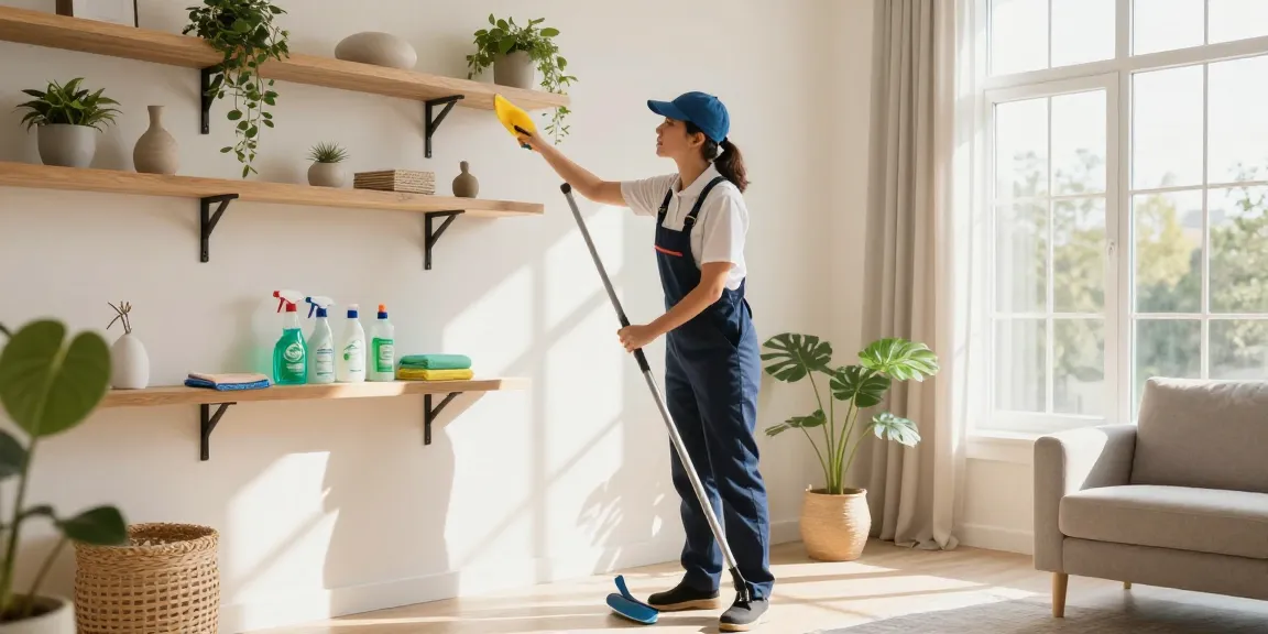 Professional cleaning services in Bern showcasing a cleaner dusting shelves in a bright living room.