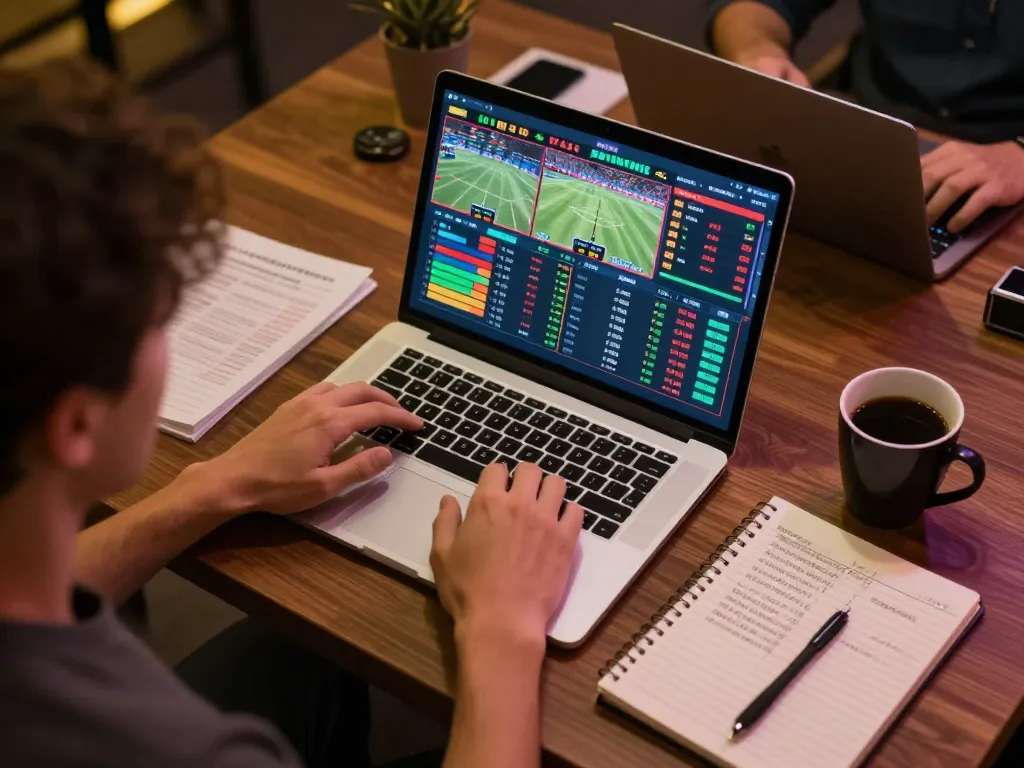 Engaging scene of sports betting analysis at home using https://f168biz.com/ with a laptop showing live odds and statistics.