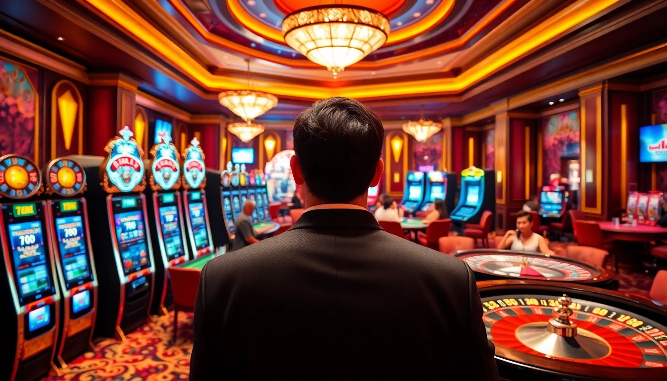 Experience the excitement of Slot365 gaming with vibrant tables and slot machines in a luxurious casino.
