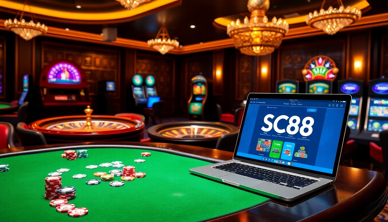 Players enjoying a luxurious poker experience at SC88, featuring vibrant colors and casino elements.