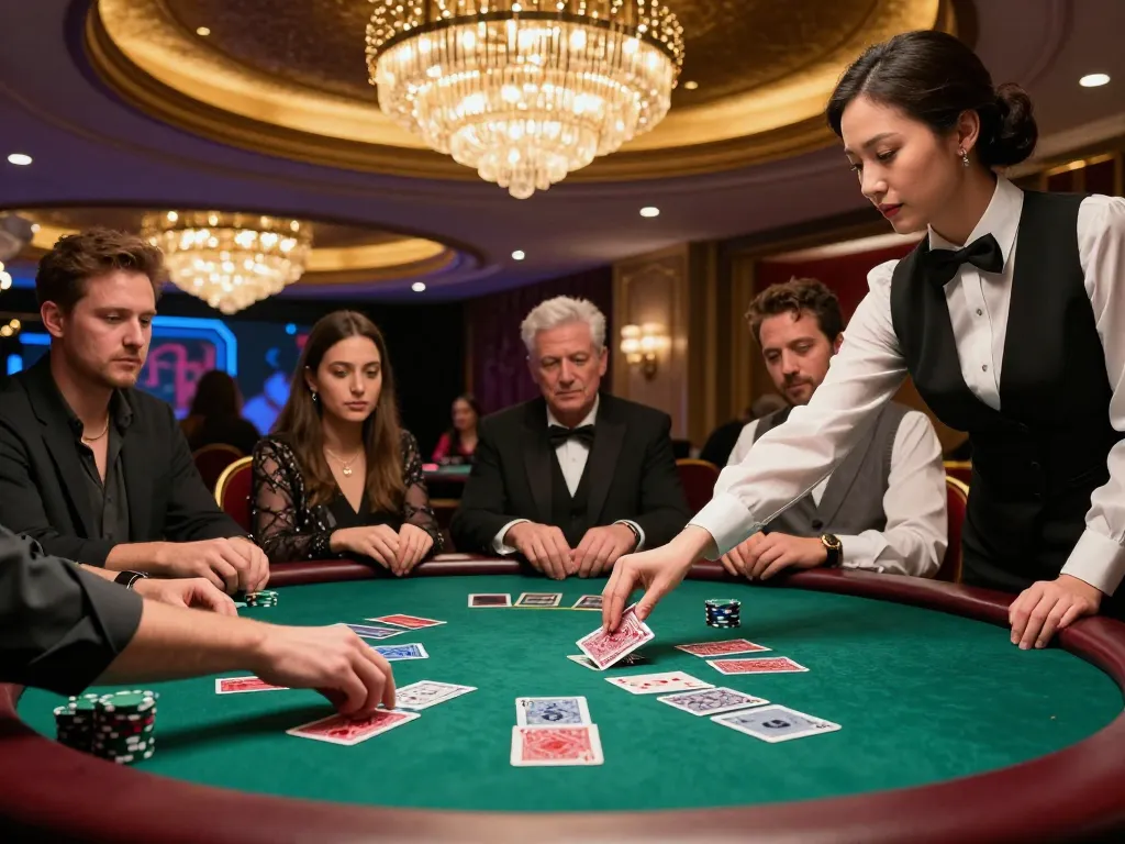 JDClub9VIP live dealer game showcasing an elegant croupier dealing cards in a vibrant casino atmosphere.