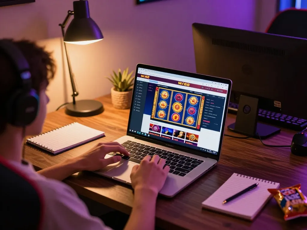 Online user engaging with W188 casino's colorful slot games on their laptop in a cozy workspace