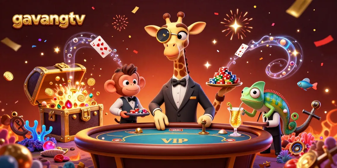 Gavangtv presents a high-roller giraffe and friends celebrating rich wins at an Asian virtual casino.