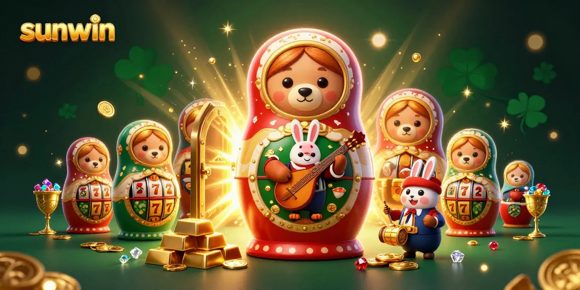 Win big at sunwin with vibrant slot reels and charming 3D characters in a lavish casino scene.