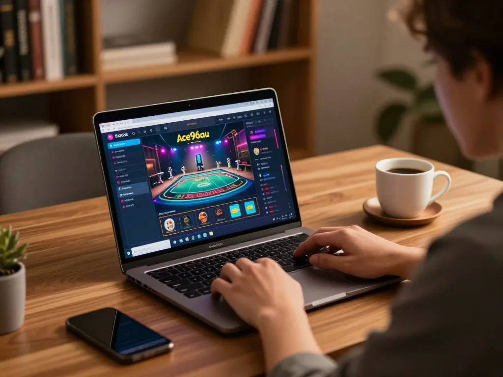 A player engaging with Ace96au on their laptop during an online casino session.