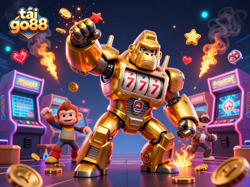 Engage in thrilling action with tải go88 as a golden gorilla mech unleashes coins in a vibrant casino setting.