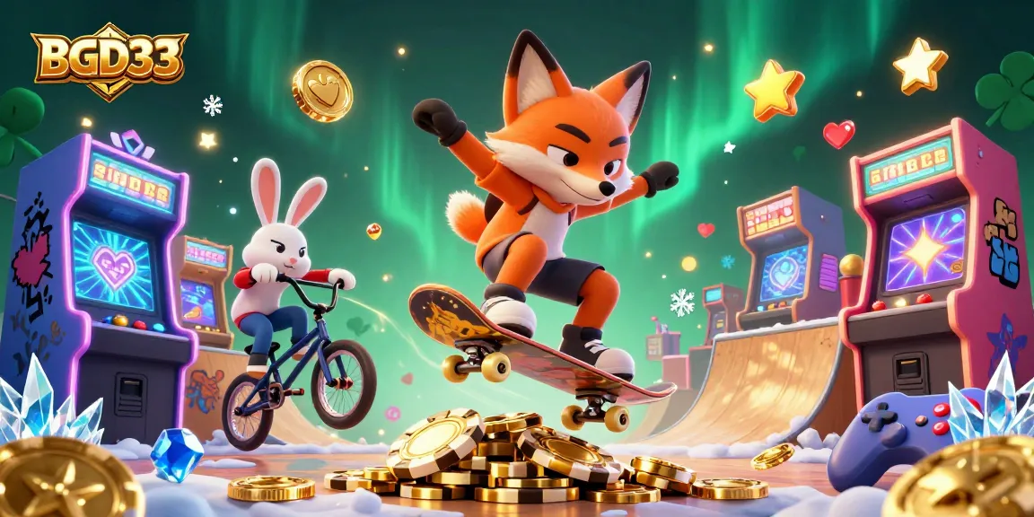 Experience thrilling gaming action at BGD33 with a vibrant 3D illustration of casino-themed characters and elements.