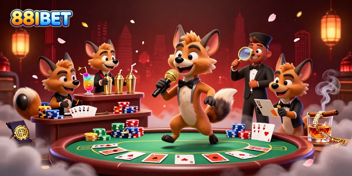 Experience the lively atmosphere of 88IBET’s comedy casino with hyenas serving drinks, checking IDs, and entertaining guests.