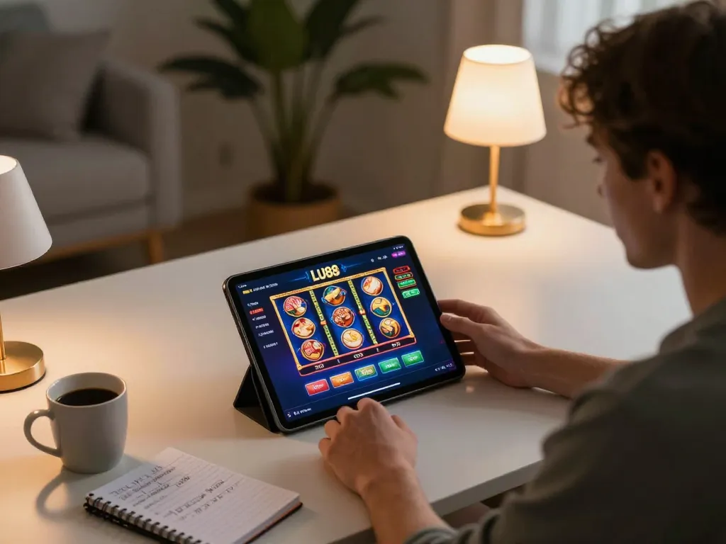 Engaging in LU88 online casino gaming with a tablet showing vibrant slots interface and strategic gaming notes.