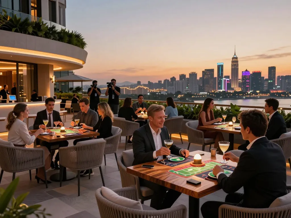 Enjoying bets and cocktails on the terrace at 388bet's upscale casino, overlooking a vibrant skyline.