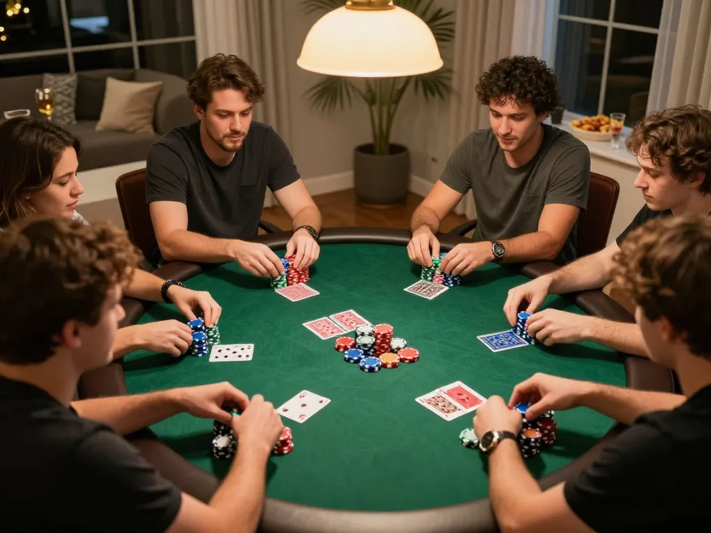 Players engaging in an exciting poker game at home, showcasing 88xeng gaming strategies with colorful chips and community cards.