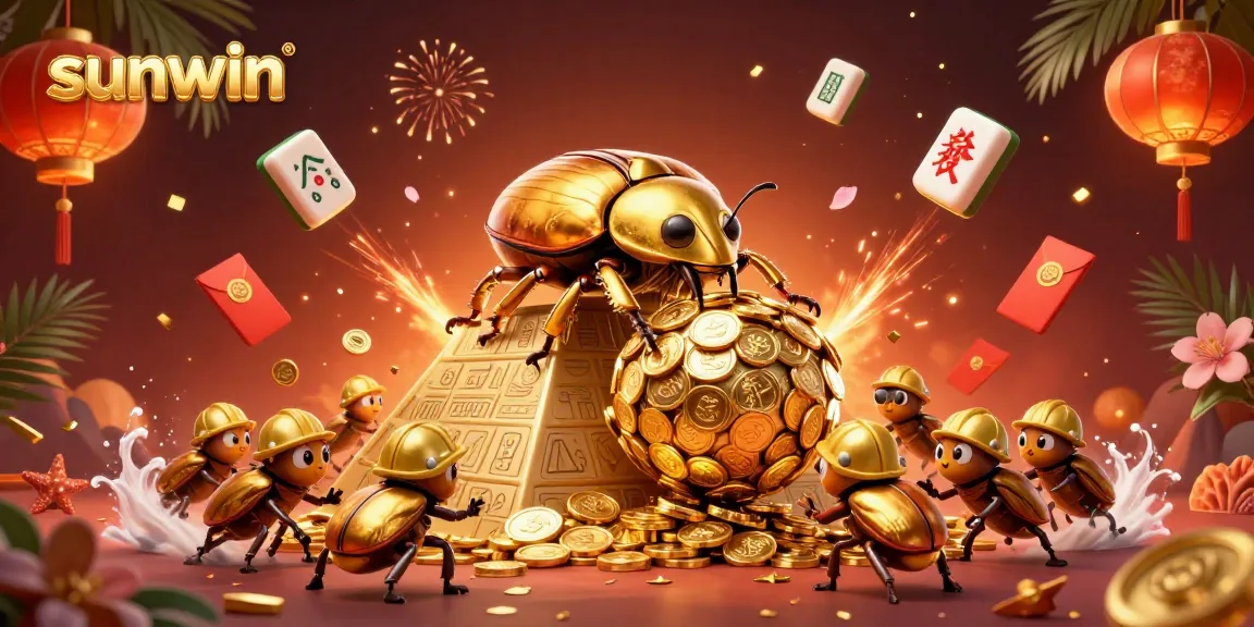 Play exciting games at sunwin casino with a golden beetle pushing coins up a pyramid!