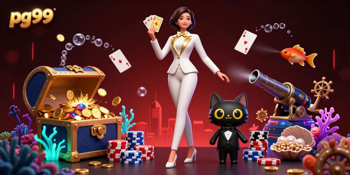 Engaging scene depicting a glamorous woman at pg99 casino shuffling cards alongside a cartoon cat, immersed in vibrant gaming elements.