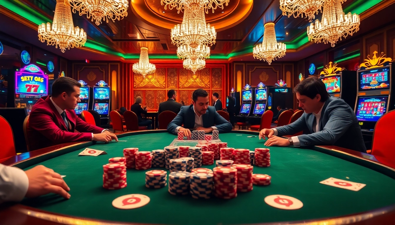 Exciting casino game scene with gamblers at a poker table linked to https://www.bdtk1.app/ showcasing luxurious decor.