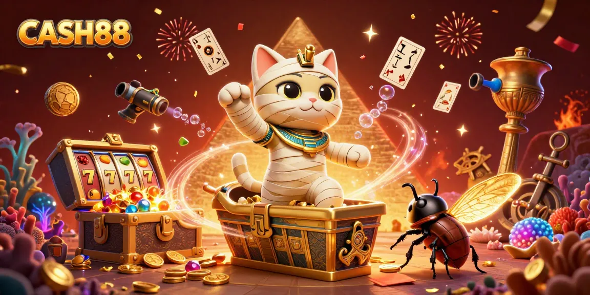Experience thrilling gameplay at CASH88 with an Egyptian mummy cat in a vibrant casino scene