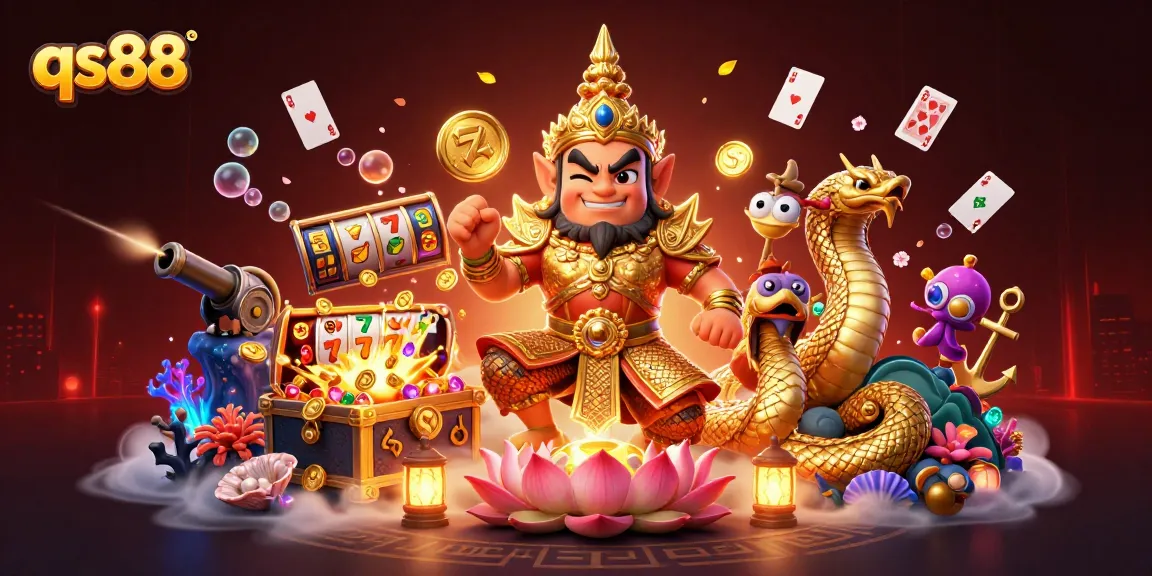 Experience thrilling gaming adventures with qs88's vibrant casino-themed illustration featuring exciting elements.