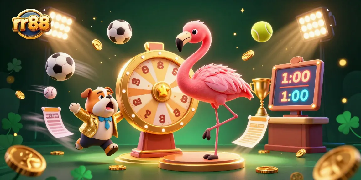 Experience the excitement of rr88 with a 3D cartoon game show host and bulldog, surrounded by sports betting elements.