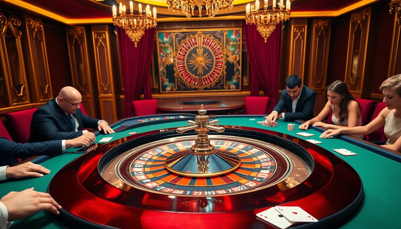 Mint88 players engaging at a vibrant roulette table, showcasing excitement and luxury in gambling.