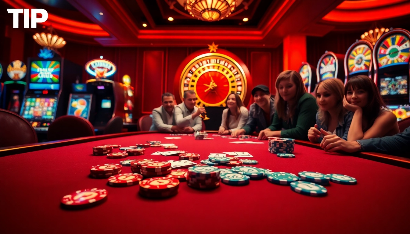 Players enjoying the thrill of gambling at TIP88 with vibrant casino tables and slot machines.