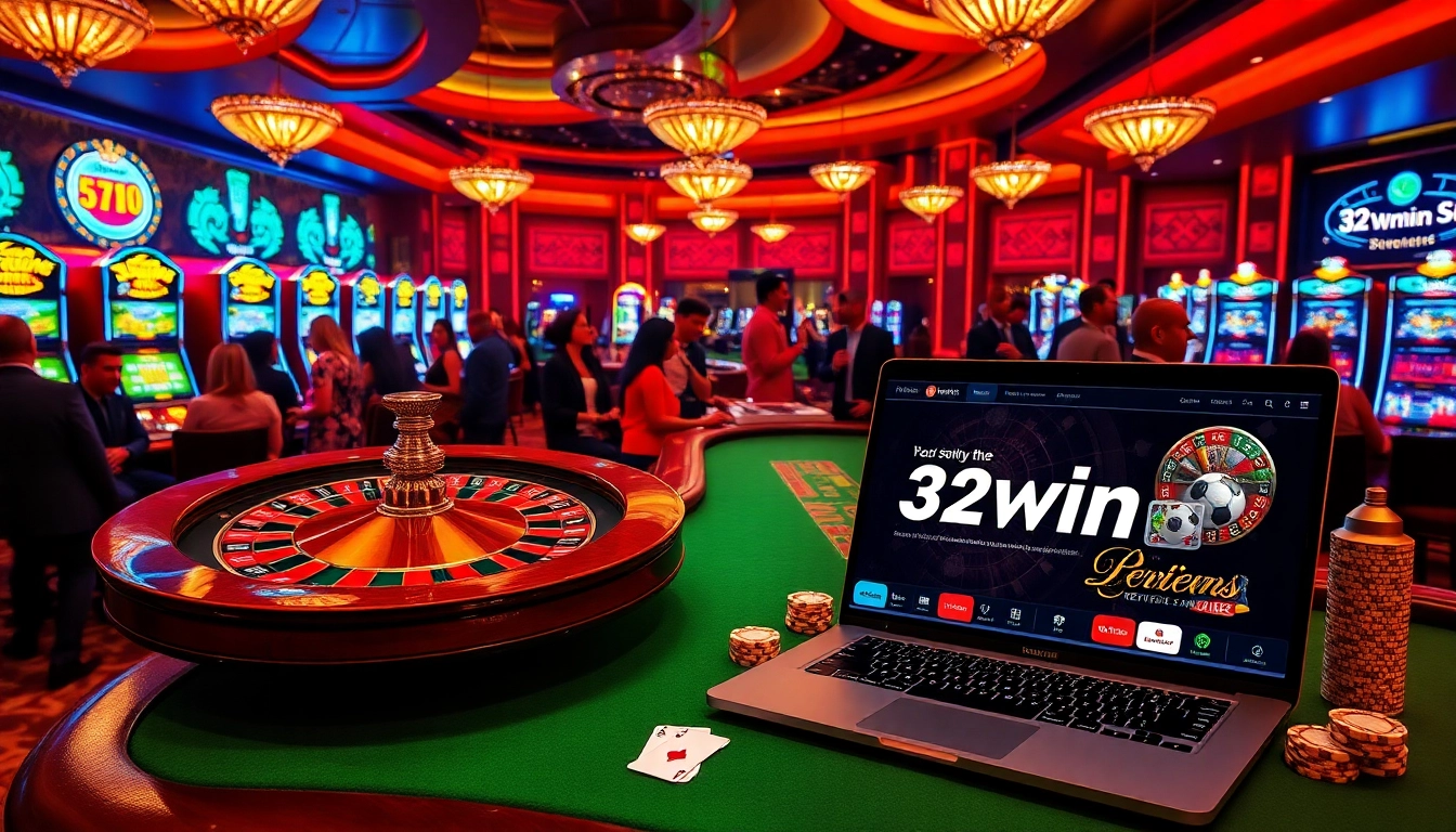 Engaged gamblers enjoy a high-stakes atmosphere at 32win.reviews casino setting featuring roulette and poker.