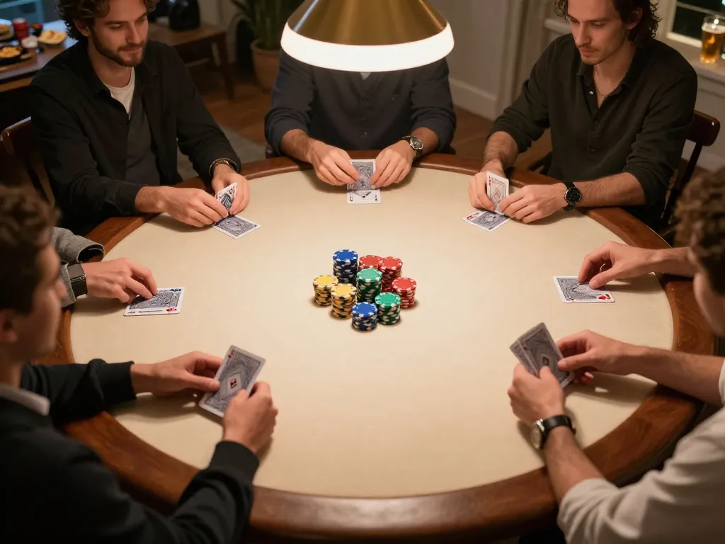 F168 players enjoying a competitive home poker night with vibrant chips around a round table.