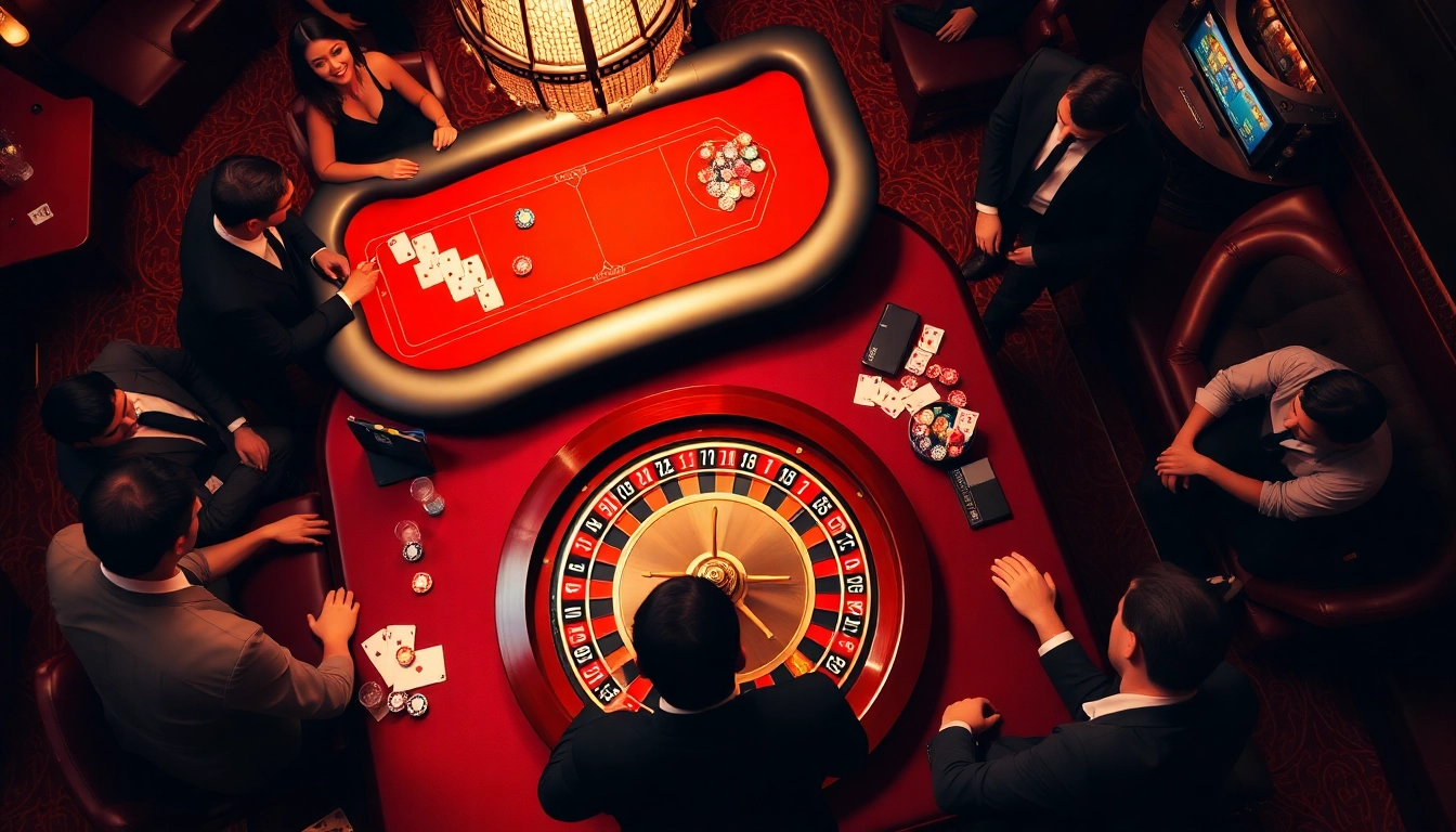 Players engaging in a high-stakes game at neu88 casino with vibrant roulette wheels and poker chips.