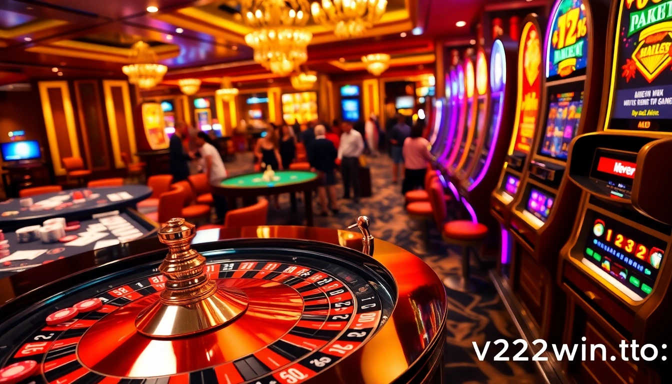 A thrilling gambling scene at https://123win.to/ featuring a luxurious casino atmosphere with roulette and poker tables.