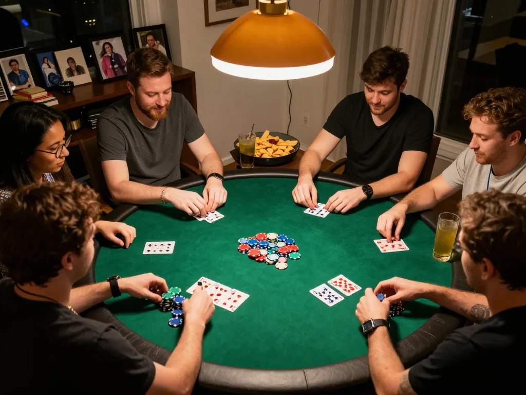 Friends enjoying an engaging home poker night, nohu1-inspired fun atmosphere with chips and cards.