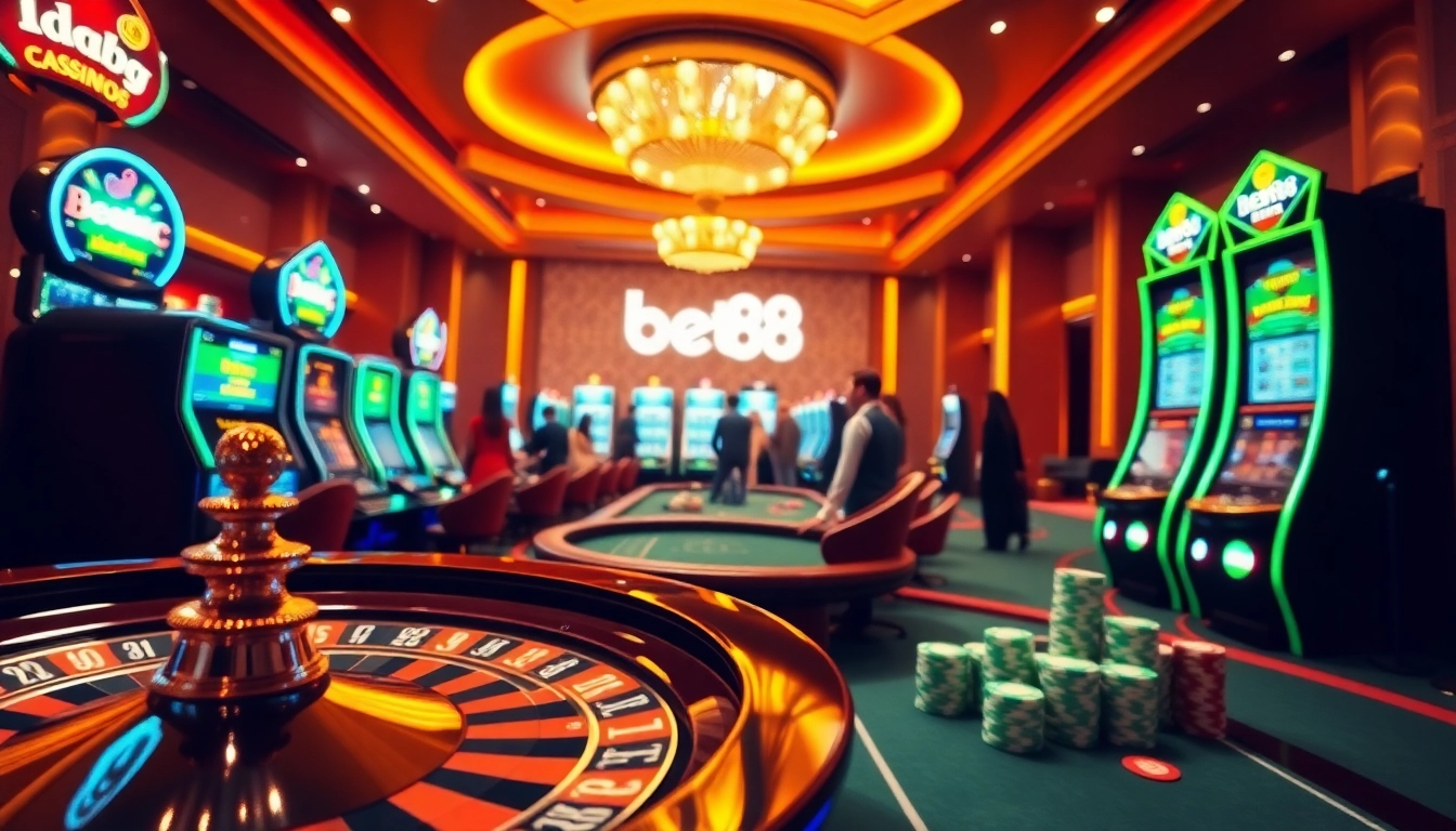 Bet88 players enjoying an exciting game of roulette in a luxurious casino environment.