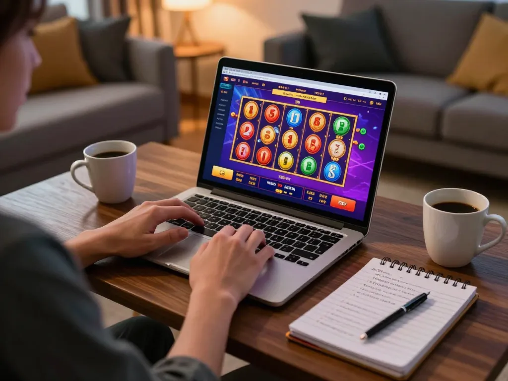 Player enjoying oxbet online casino gameplay on laptop, surrounded by gaming strategy notes in cozy setting.