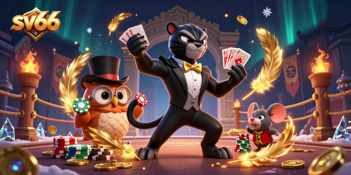 sv66 features a stylish panther dealer with an owl and mouse in an engaging casino setting.